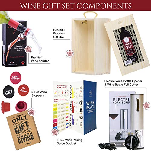 Wine Gifts Set – Wine Accessories Set W/Wooden Box- Wine Set Includes Rechargeable Wine Opener, Aerator, Wine Stoppers & Pairing Guide- Wine Basket Gift - Wine Gifts For Women. Mothers Day Gift Ideas #TOP1