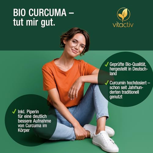 Vitactiv Natural Nutrition Bio Curcuma 3000 - Kurkuma hochdosiert - Curcuma Extrakt mit 95% Curcumin - Piperin für hohe Bioverfügbarkeit - Ohne Magnesiumstearat, Vegan-60 Curcuma Kapseln für 60 Tage