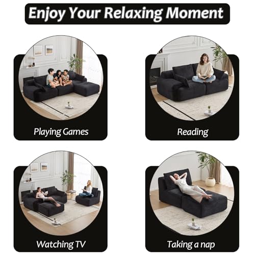Image of L Shape Sofa Rearrangeable, Oversized Cloud Couch Sectional Modular Sofas with Detachable Ottoman, 4 Pillows and Deep Seat, Corduroy Boneless Couches Sets for Living Room, No Assembly Required, Black
