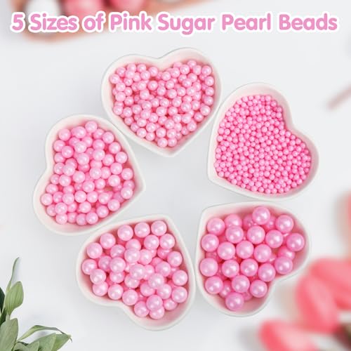 Image of Pink Pearl Sprinkles for Cake Decorating,130g,Edible Sugar Pearls for Baking,Mix Size,Cake Topper,Cupcake Cookie Decorating,Ice Cream Dessert Decorations,Wedding Birthday Supplies