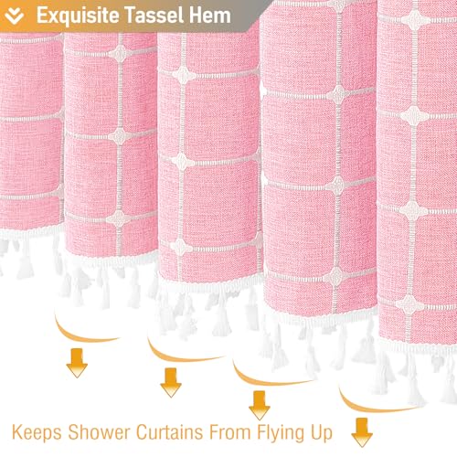 Image of BTTN Boho Farmhouse Shower Curtain - Linen Rustic Heavy Duty Fabric Shower Curtain Set with Tassel, Water Repellent, Bohemian Vintage Country Thick Cloth Shower Curtains for Bathroom - Pink - 72x72