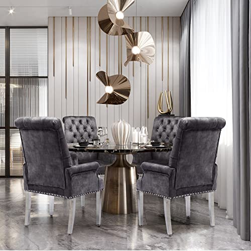 Loulens Luxurious Velvet Dining Chairs Set Of 6, Modern Upholstered Tufted Dining Room Chairs, Armrests Dining Chairs With Stainless Steel Leg (Dark Grey + Velvet) #TOP5