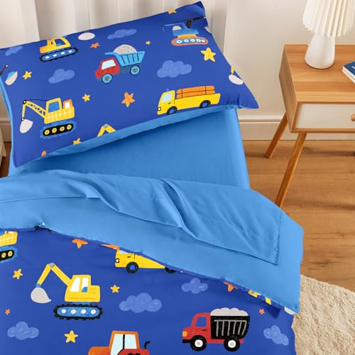 Image of Wake In Cloud - Toddler Bedding Set for Boys, Construction Car Excavator Truck, 4 Pieces Soft Crib Bed Set Including Comforter, Sheets and Pillowcase, Blue