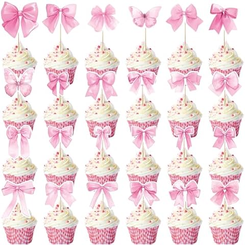 24pcs Pink Bow Cupcake Toppers by XIHIRCD Cover