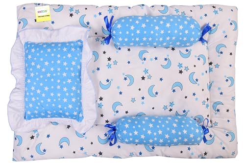 Image of Kwitchy New Born Bedding Combo of Baby Mattress with Net | Gaddi Set | Comforter (0-6 Months) Blue (4PCS Set)
