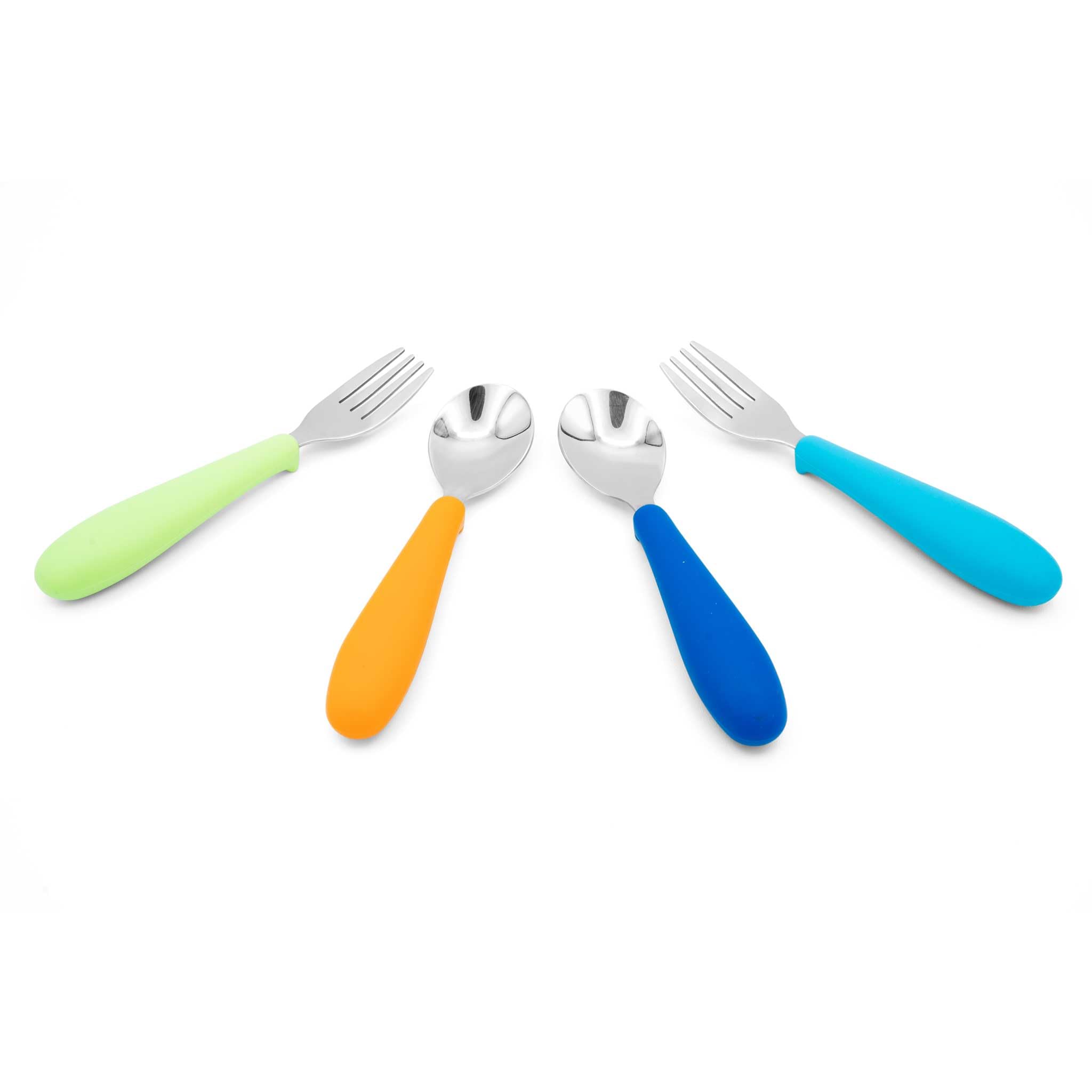321 Grow • Eat with Me Spoon and Fork Set • Toddler and Kids Safe Utensils • 4 piece set • Stainless with Silicone Handle • 12 mo+ (Ocean)