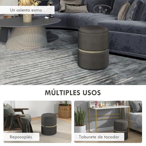 HOMCOM Baúl de Almacenaje Tapizado en Terciopelo para Dormitorio - Puff con Banco y Patas Antideslizantes - Ø36x44 cm Gris - imagen 6