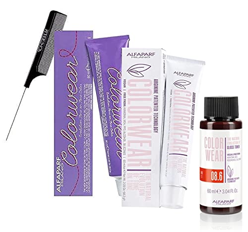 bring AIfaparf Milan COLORWEAR Evolution Tone on Tone Haircolor, Demi-Permanent Dye (w/ Sleek Steel Pin Rat Tail Comb) Color Wear Hair Color, Ammonia-Free Alpha Italy Parf - 8 - Metallic Ruby Brown