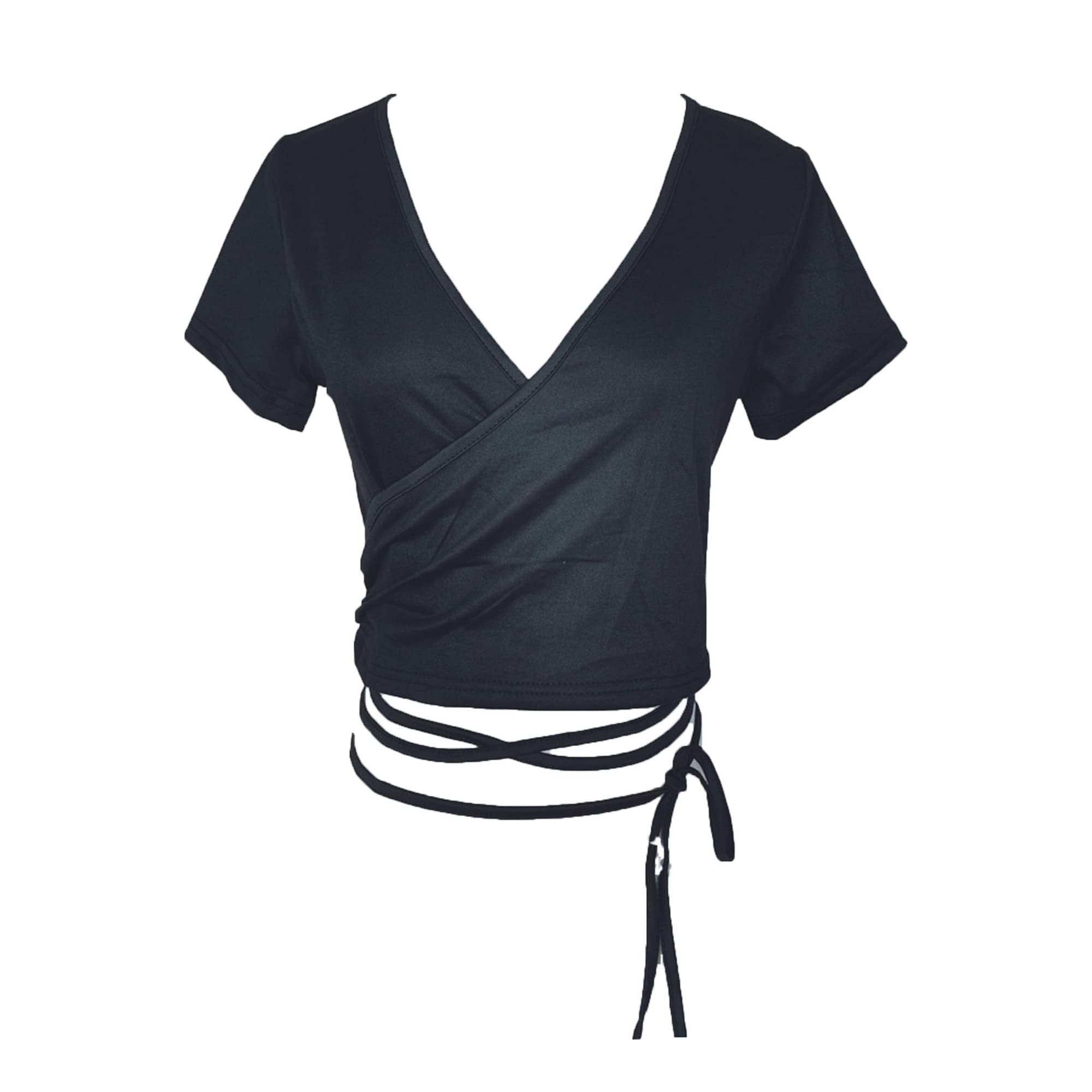 Womens Summer Short Sleeve Top Ruched Cropped Slim Blouse T-Shirts Drawstring Short Cute Crop Tops (X-Large,Black)