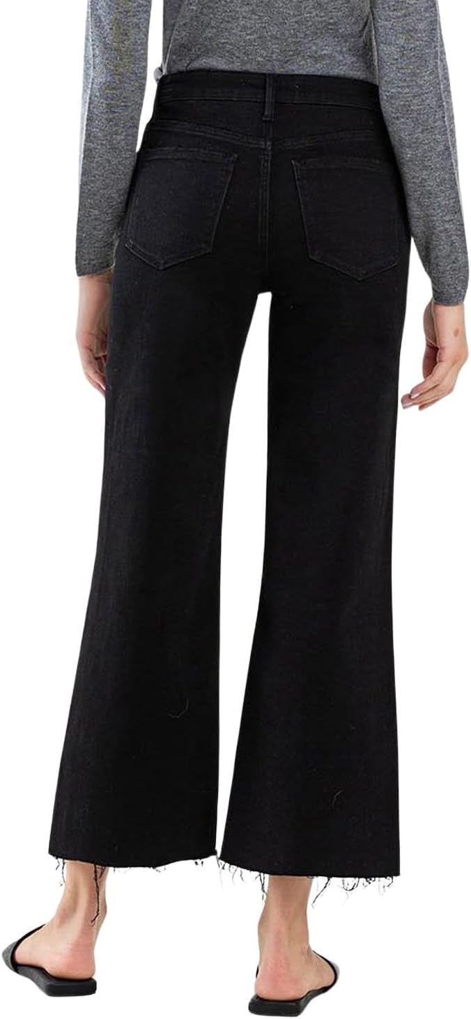 Women's High-Rise Raw Hem Cropped Wide Leg Jeans in Jet Black - Image 2
