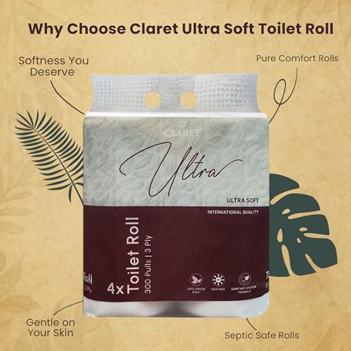 Image of Claret Ultra Soft 3-Ply Virgin Pulp Toilet Rolls | 300 Pulls Each Skin-Friendly | 4 Rolls in 1 Pack | OBA-Free | Sanitary System Friendly (Pack Of 4 Rolls)