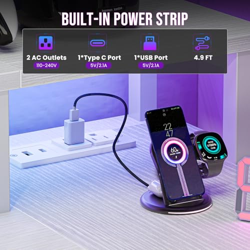 Image of DUMOS 53 Inch Gaming Desk, Monitor Stand, LED Lights | Storage Shelves, USB Charging Ports, Power Outlets, Reversible L Shaped Corner, Home Office Small Space, White
