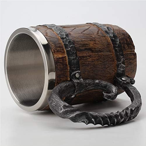 DASNTERED Wood Imitation Barrel Stainless Steel Beer Mug, Pirate Viking Cup Fantasy Medieval Tavern Wood Tankard for Bar Restaurant Home Decor, 650ml