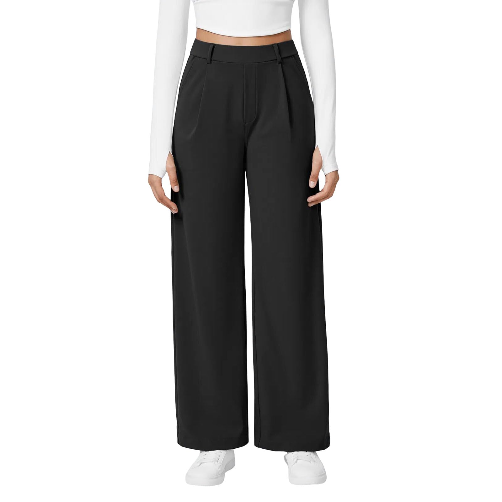 Womens Dress Pants Wide Leg Stretchy Work Pants with Pockets Elastic Waist Pleated Front Business Casual Slacks