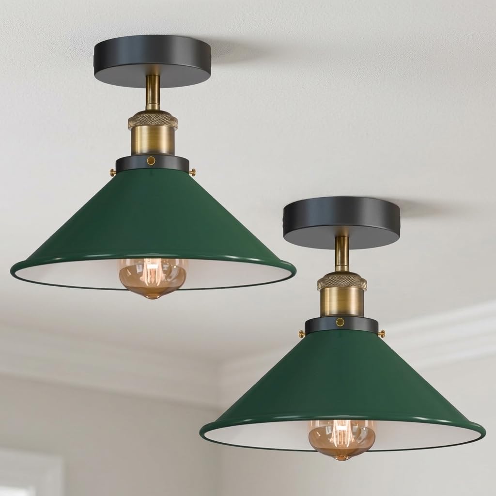 LEDSone 2Pcs Semi Flush Mount E27 Ceiling Light Metal Green Cone Shade with Bulb