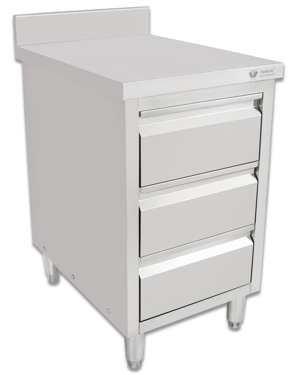 Beeketal 'BSS-70A' Gastro Küchenschrank Edelstahl mit Schubladen (B/T/H) ca. 50 x 70 x 95 cm, Schubladenschrank mit 3 Schubladen, Arbeitsfläche mit Aufkantung und fein justierbaren Standfüßen