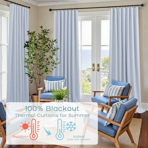 Image of Light Blue Blackout Curtains for Nursery Boy,Linen Baby Sky Blue Thermal Black Out Rod Pocket Preppy Coastal Grand Millenial Bluey Pastel Curtains for Kids Room Girls Bedroom Living 84 Inch Length
