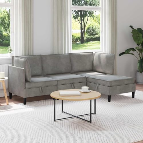 Kaloriko Ensemble Meuble Salon 4 pcs Gris Clair en Velours, Cadre en contreplaqué, Coussins en Mousse, Rangement généreux, Style Moderne pour intérieur...