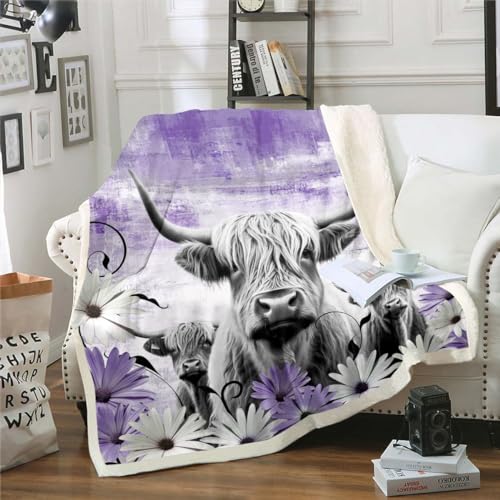 Erosebridal Highland Cow Print Blanket, Purple Western Farmhouse Throw, Longhorn Cattle Fleece Blanket, Daisy Flowers Fuzzy Cowgirl Gifts for Women & Girls, 50