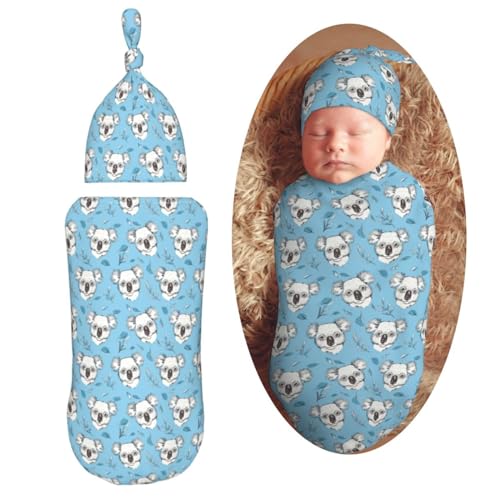 Image of Funny Cute Koala Heads Newborn Swaddle Blankets Hat Sets Soft Baby Receiving Blanket Swaddle Sack for Baby Shower Infant Boy Girl Gift