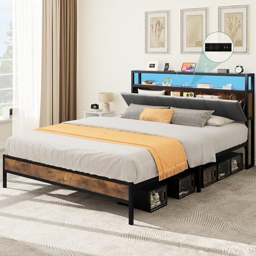 YITAHOME Queen Size Bed Frame, LED Platform Bed Frame with Storage Headboard, Upholstered Bed with Charging Station, No Box Spring Needed, Easy Assembly, Vintage Brown and Grey