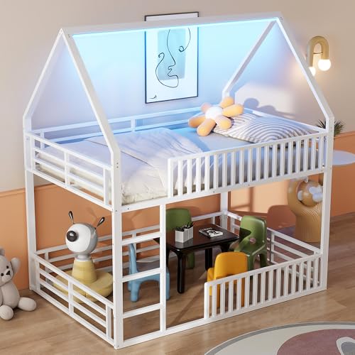 Trdlpyn Letto a Castello per Bambini 140 * 200 con luce LED, Montessori letto per Ragazzi - 1 x Rete a doghe, Struttura in Metallo, Letto Piazza e Mezza per Bambini, Bianco(Senza Materasso)