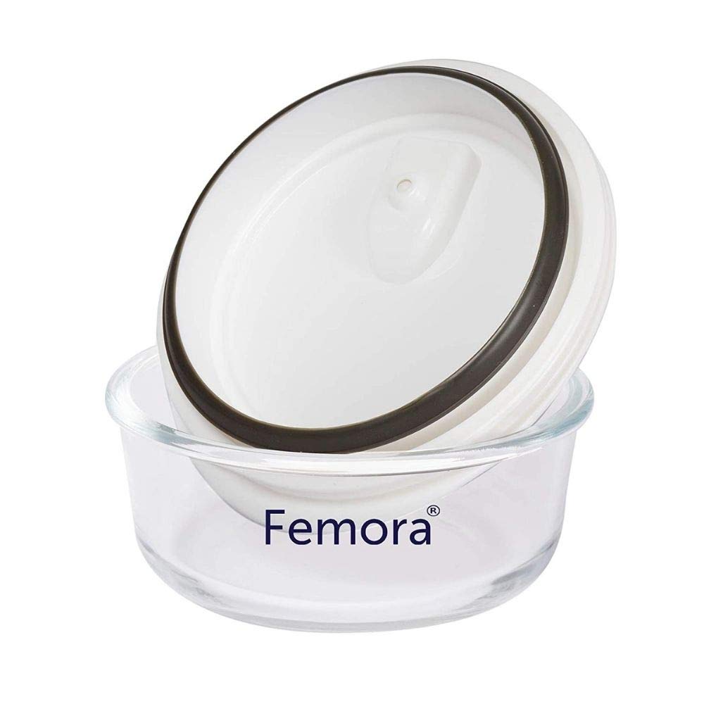 Femora Borosilicate Glass Microwave Safe Round Storage Container with Lid - 400ML