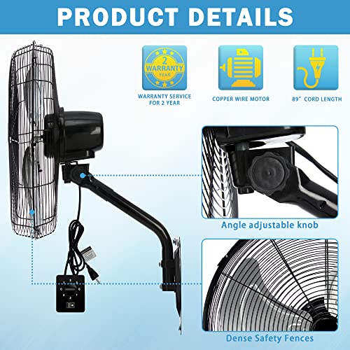 Bestronair Wall Mount Fan Oscillating,Industrial Heavy Duty Metal 3 Speed Fan,22 Inch High Velocity Adjustable Tilt,Use For Garage, Shop,Warehouse, Patio, Factory And Homes. #TOP4