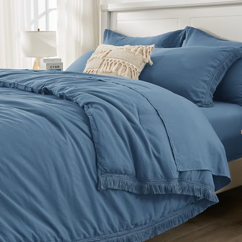 Image of Andency Queen Comforter Set with Sheets Sea Blue - 7 Pieces Boho Tassel Bed in a Bag Soft Lightweight Bedding Sets, Fringe Bed Set with Comforter, Sheets, Pillowcases & Shams