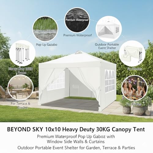 Image of PERGOLA Design 10x10 Heavy Duty 30KG Canopy Tent with Window Side Walls & Curtains | Premium Waterproof Pop Up Gazebo Outdoor Portable Event Shelter for Garden, Terrace & Parties (White)