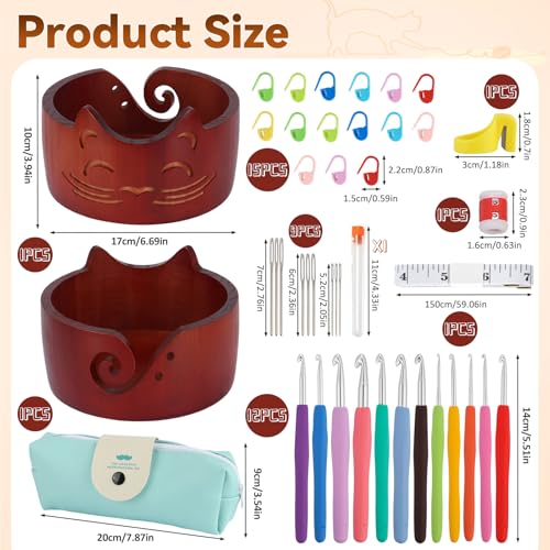 Image of XIEJ Cat Yarn Holder Set, 7 X 4inch Wooden Cat Yarn Bowl for Crocheting, Knitting Bowl with Crochet Hooks Knitting Tools for Crocheters Knitters Craft（Vintage Color）
