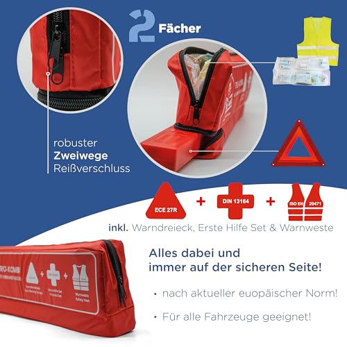 VZL KFZ Auto Zubehör Kombitasche Verbandskasten Auto 2025 tüv geprüft, inklusive Warndreieck und Warnwesten Auto - kfz Verbandskasten inklusive Erste Hilfe Set Auto 2025 (rot)