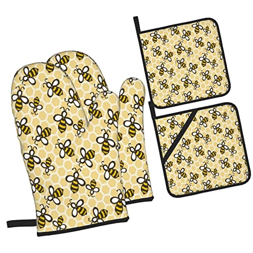 Oven Mitts And Pot Holders, Set Of 4,Bee. Hand-Drawn Honey Bees On The Combe, Gloves With Durable Hot Pads, Cooking #TOP1