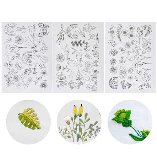 3 Stickvorlagen Blumenmuster - Wasserlösliche Selbstklebende Vorlagen