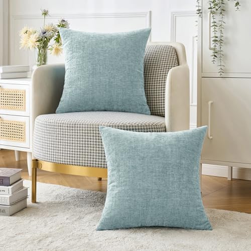Image of MIULEE Pack of 2 Light Blue Throw Pillow Covers 18x18 Inch Soft Chenille Pillow Covers for Sofa Living Room Spring Home Decor Couch Solid Dyed Cases