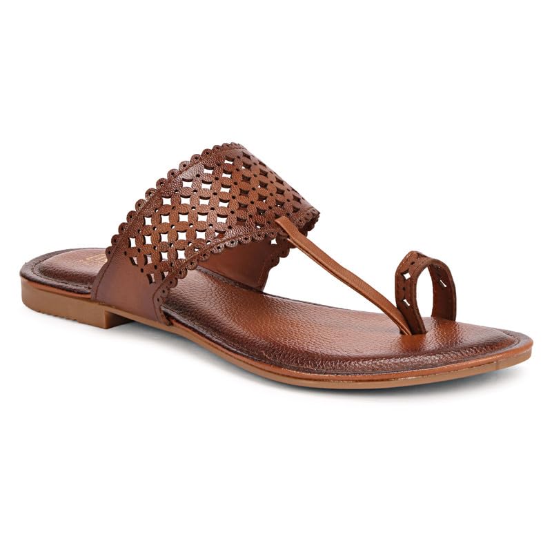 Cushioned Artificial Leather Flats For Women | Womens Ethnic Wear | Fashion Flat Slip-on Sandals | Tan-image-20