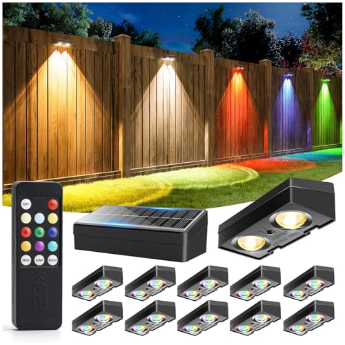 JOFIOS Fence Lights Solar Powered with Remote 12 Pack Warm White Cool White and RGB Color Glow LED Solar Lights Outdoor Dusk to Dawn Solar Fence Lights for Patio Backyard Railing Deck and Wall