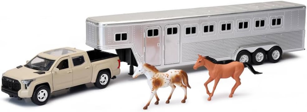 Pro Pickup Truck Beige with Horse Trailer Chrome and Horse Figures Long Haul Truckers Series 1/32 Diecast Model by New Ray SS-19533