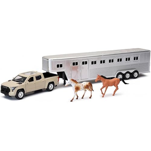 Pro Pickup Truck Beige with Horse Trailer Chrome and Horse Figures Long Haul Truckers Series 1/32 Diecast Model by New Ray SS-19533
