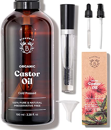 Bionoble Rizinusöl Bio 100ml - 100% Rein, Natürlich, Kaltgepresst - Wimpern, Augenbrauen, Haare, Bart, Nägel - Vegan, Cruelty Free - Castor Oil - Glasflasche + Pipette + Pumpe + Mascara Kit