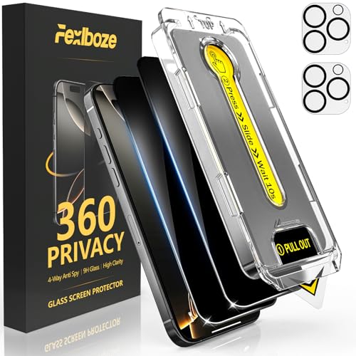 Fexlboze [2+2 Pack 360 Degree Privacy Screen Protector for iPhone 16 Pro Max [360 4-Way Anti-Spy] [Auto Dust Removal] [Bubble-Free Installation] Shatterproof Tempered Glass