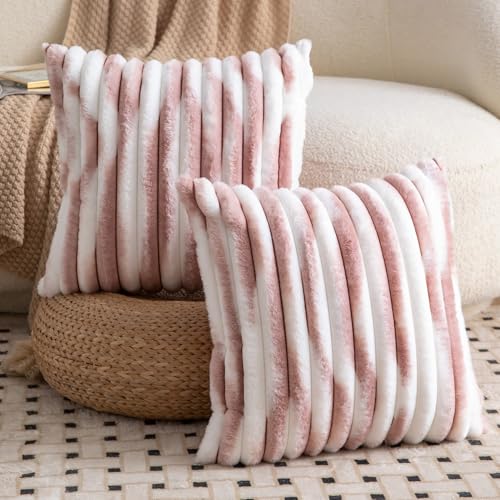 MADIZZ Set of 2 Faux Wool Plush Decorative Throw Pillow Covers 18x18 Inch Pink White Fluffy Striped Soft Decorative Cushion Cover for Sofa Bedroom Pillow Shell