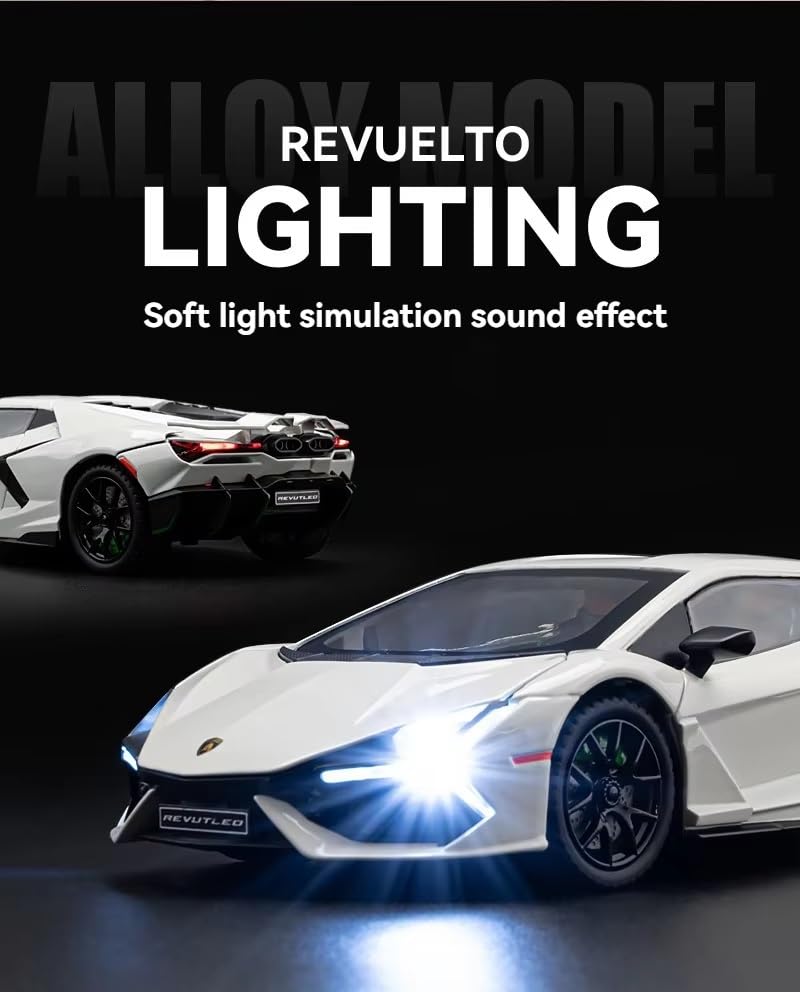 Image of 1:24 Lamborghini Revuelto Diecast Metal Pull Back Car - 4 Openable Doors with Sound & Light | Perfect Toy Decoration & Gift for Kids【Colors as Per Stock】