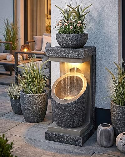 Fontaine de jardin avec éclairage LED Win 30 Fontaine moderne pour plantation de plantes, décoration de jardin, imitation pierre, 81 cm