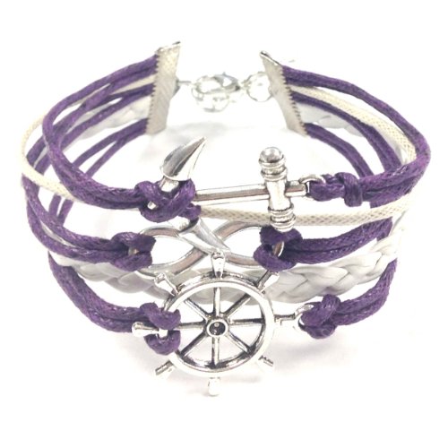 Wrapables Vintage Leather Rope Infinity Bracelet – Anchor, Infinity, Ship’s Wheel, Purple