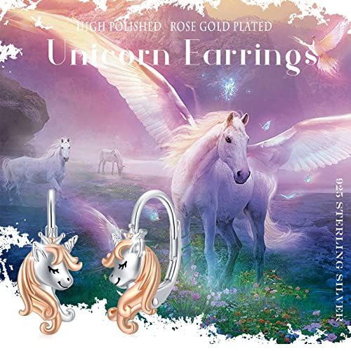 Unicorn Earrings For Girls Women 925 Sterling Silver Leverback Earrings Cute Dainty Rose Gold Unicorn Jewelry Gifts Hypoallergenic Earrings For Sensitive Ears #TOP4