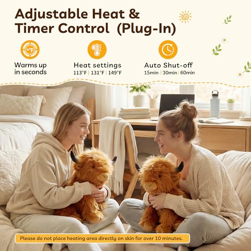 Image of Electric Heated Highland Cow, USB Heating Pad Stuffed Animal for Women | Soft warm plush with auto shut-off, ideal for stomach, belly, back and neck. Unscented design for period use.