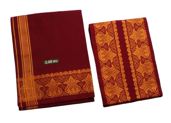 100% Cotton Men's Single Dhoti -2 Mtrs/Mundus/Lungi with Gamcha Kalasam Border-image-37