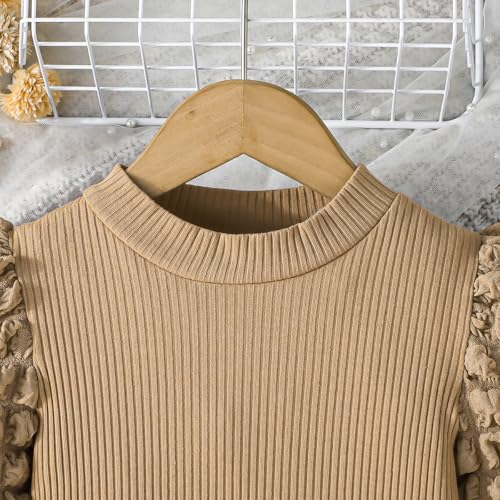 Noubeau Toddler Girls Plaid Outfits Girls Puff Sleeve Knit Ribbed Shirt Tops Plaid Skirt Set Kids Fall Winter Clothes4