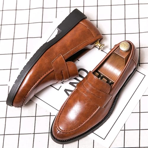 Men's Round Toe Chunky Leather Casual Loafers, Fashionable Slip-On Convex Non-Slip Retro Formal Penny Loafers2
